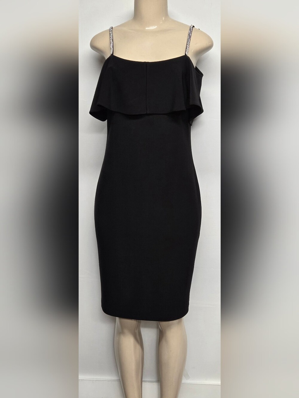 Frank Lyman 8 Black Cocktail Sheath Dress Gold Sheen Rhinestone Strap Ruffle